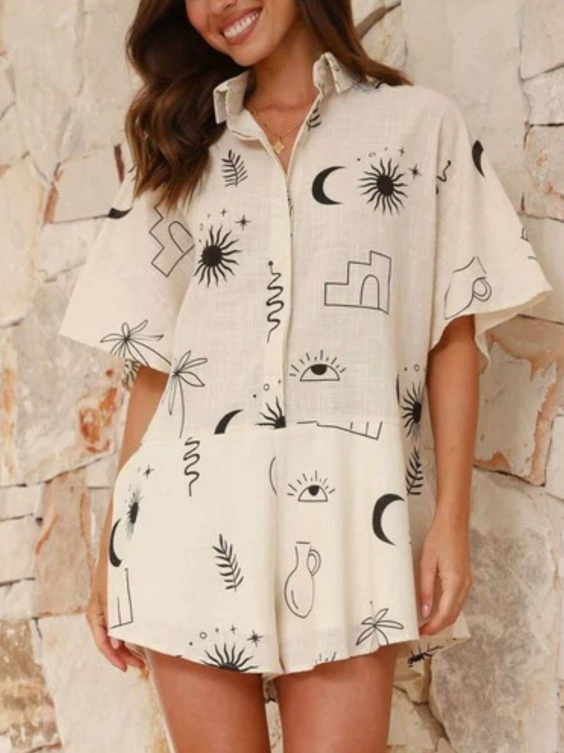 Printed Collared Neck Half Sleeve Romper - Selvanelle