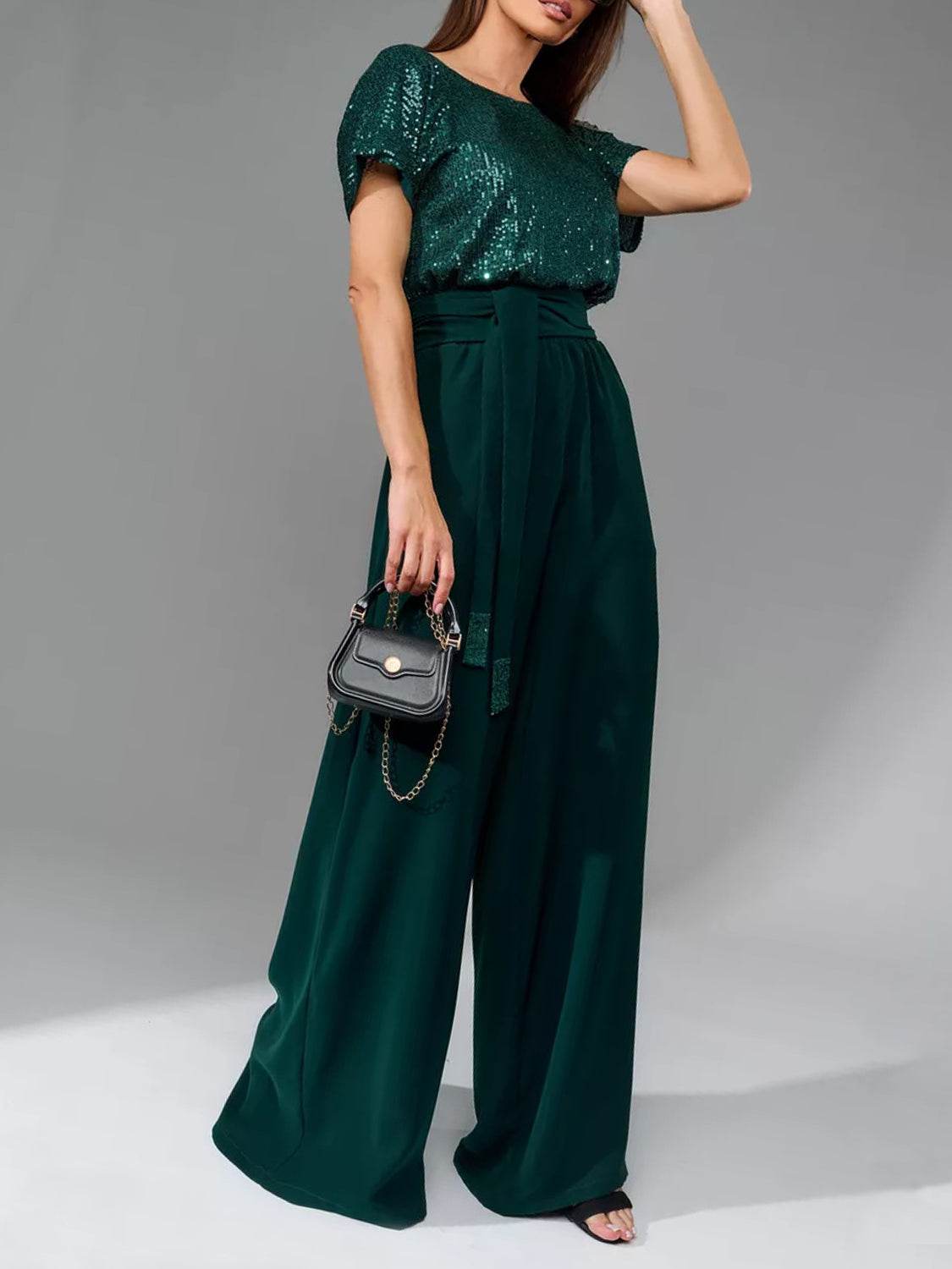 Full Size Sequin Round Neck Short Sleeve Wide Leg Jumpsuit - Selvanelle