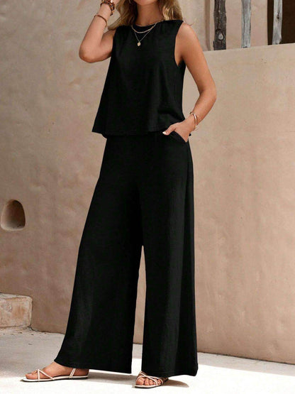 Stylish Round Neck Sleeveless Top and Wide Leg Pants Set - Selvanelle