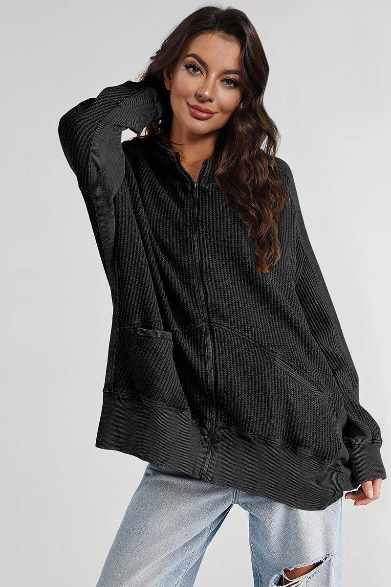 Zip-Up Long Sleeve Jacket with Hood and Pockets for Comfort - Selvanelle