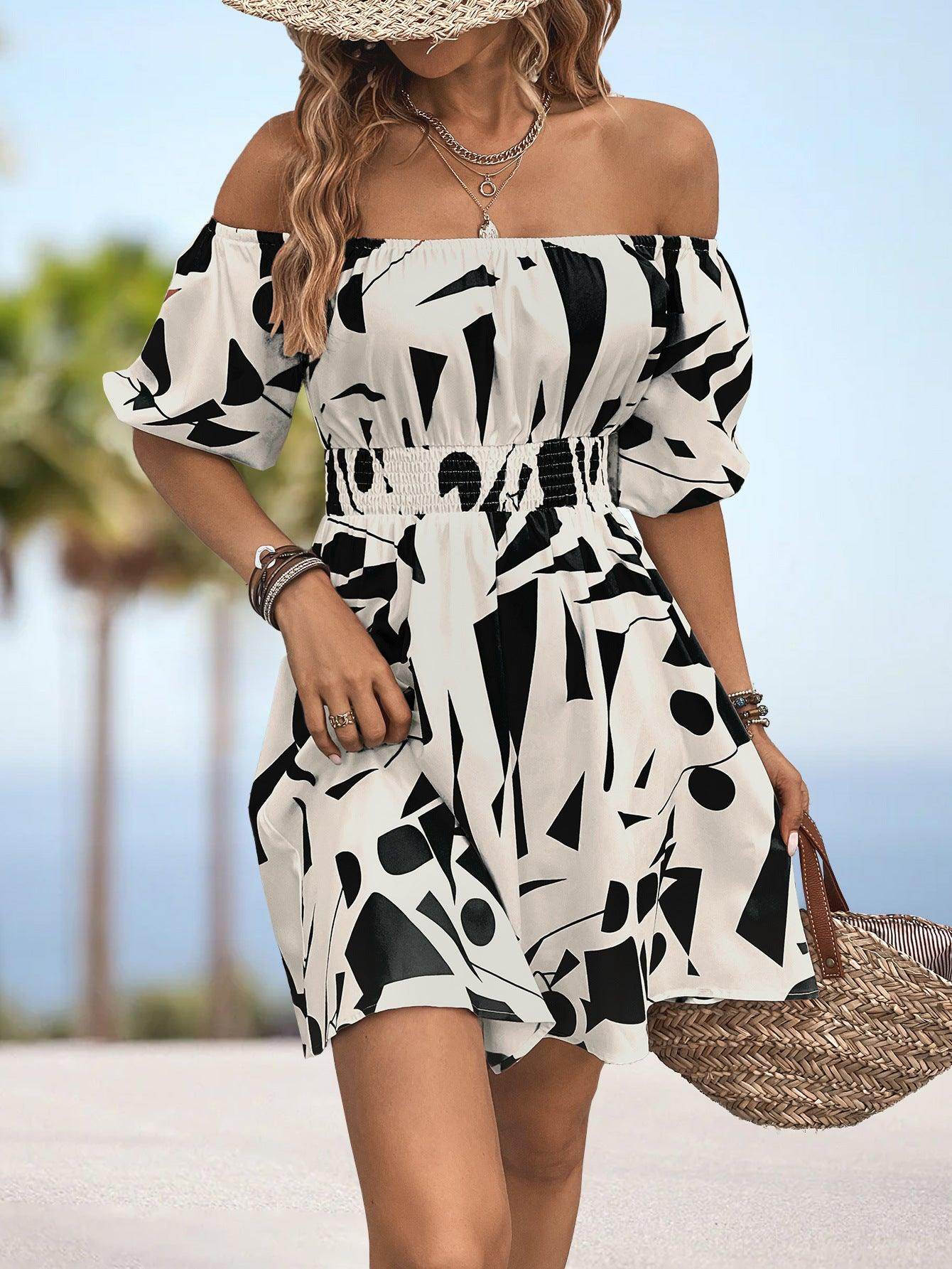 Printed Off-Shoulder Smocked Waist Dress for Women - Selvanelle