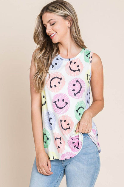 BOMBOM Smiley Face Round Neck Tank for Casual Style - Selvanelle