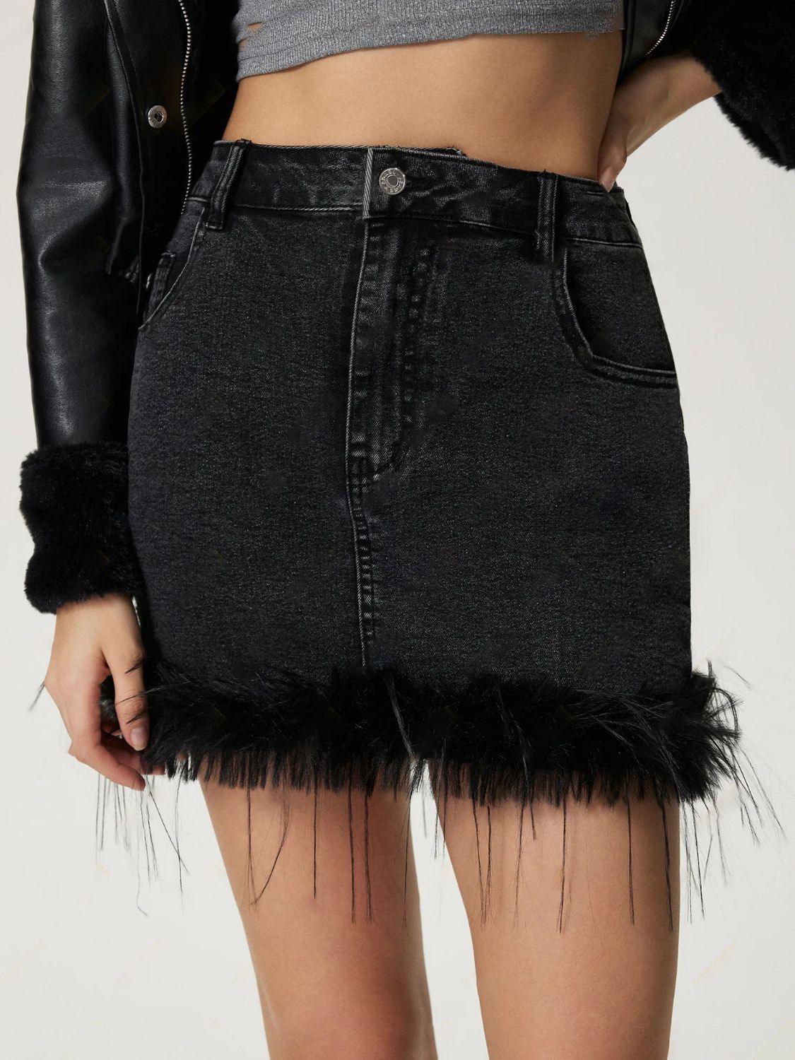 Plush Hem Mini Denim Skirt with Pockets and Stretchy Fit