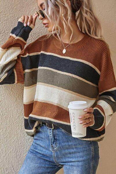 Contrast Striped Round Neck Long Sleeve Sweater for Women - Selvanelle