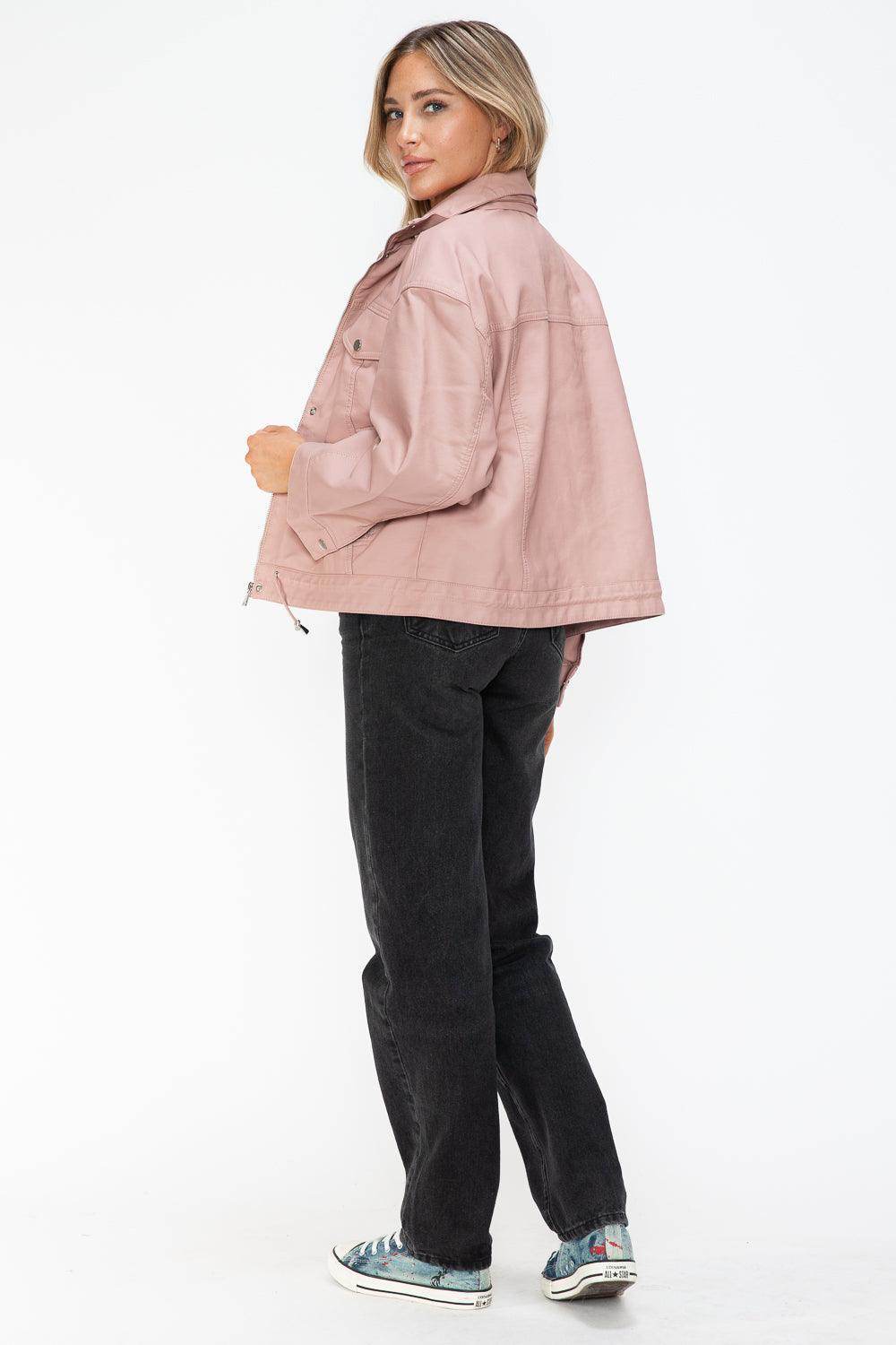 How Dare U Drawstring Hem PU Leather Zip Up Jacket for Women - Selvanelle