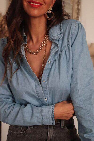Button Up Long Sleeve Denim Top for Stylish Comfort - Selvanelle