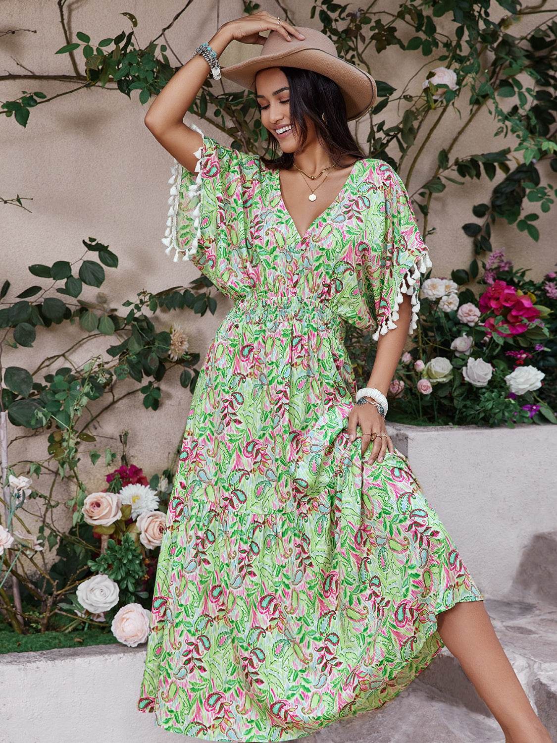 Smocked Floral V-Neck Short Sleeve Dress - Selvanelle