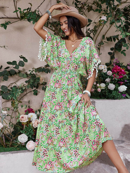 Smocked Floral V-Neck Short Sleeve Dress - Selvanelle