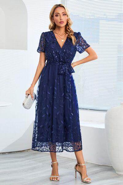 Sequin Leaf Embroidery Tie Front Short Sleeve Dress for Women - Selvanelle
