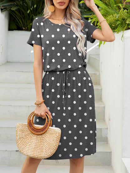 Round Neck Short Sleeve Slit Dress with Pockets for Women - Selvanelle
