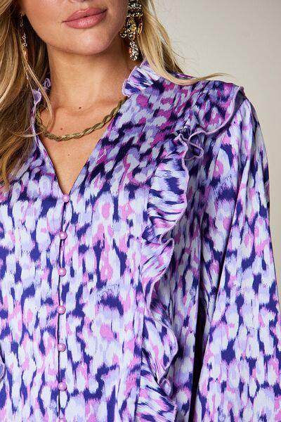 Double Take Full Size Printed Ruffle Trim Balloon Sleeve Shirt - Selvanelle