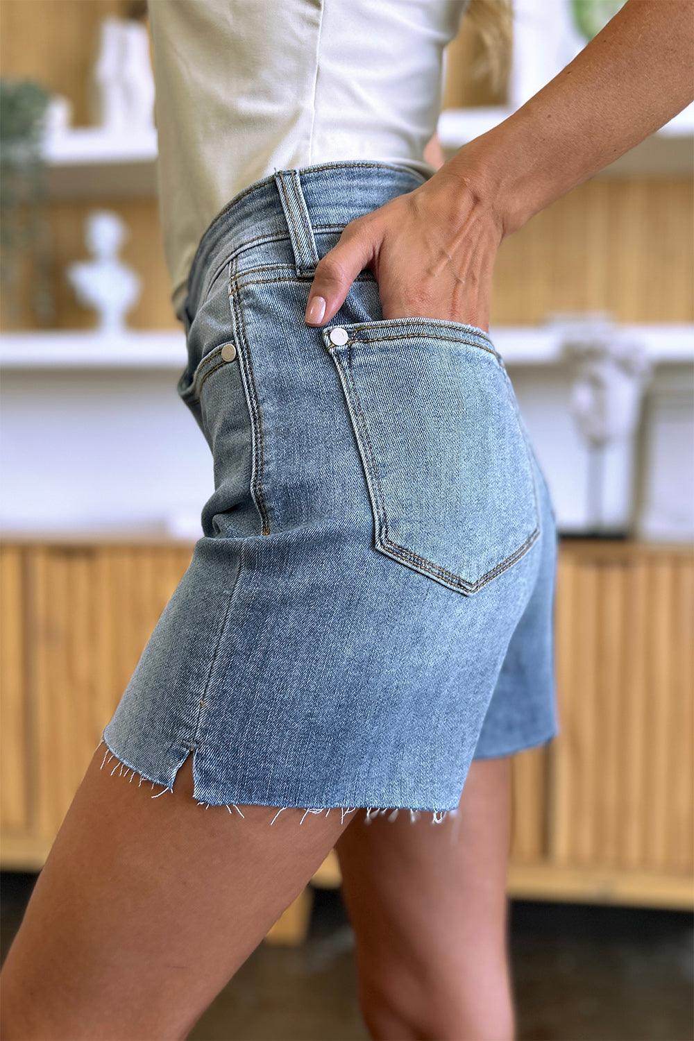 Judy Blue Full Size High Waist Raw Hem Denim Shorts for Women - Selvanelle