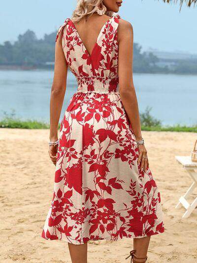 Perfee Smocked Printed Surplice Midi Dress for Women - Selvanelle