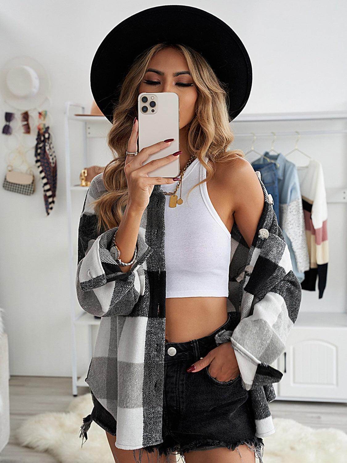Plaid Button Up Dropped Shoulder Jacket for Women Stylish - Selvanelle