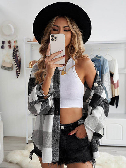 Plaid Button Up Dropped Shoulder Jacket for Women Stylish - Selvanelle
