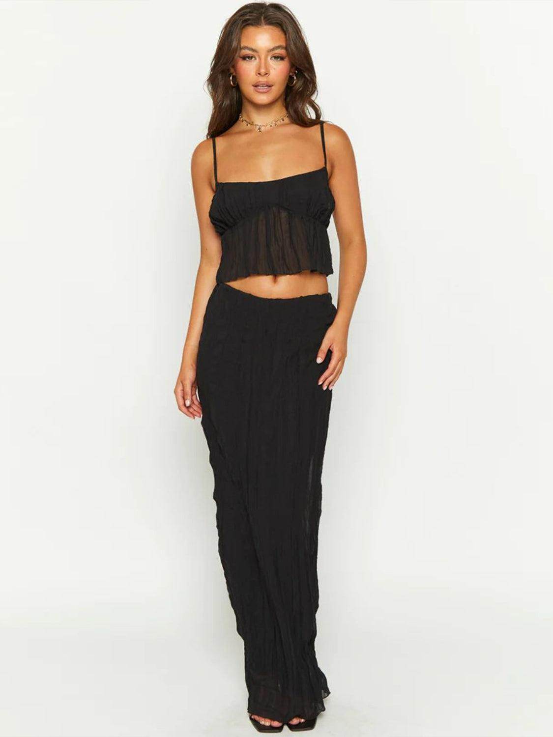 Square Neck Sleeveless Top and Ruched Skirt Set for Women - Selvanelle