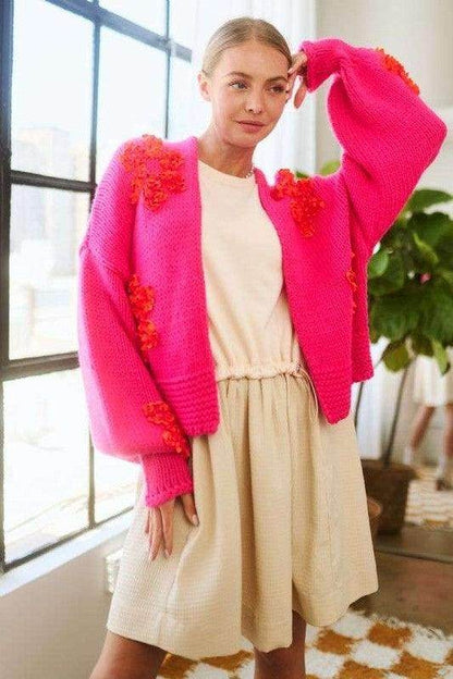 Davi & Dani Floral Applique Open Front Drop Shoulder Cardigan - Selvanelle