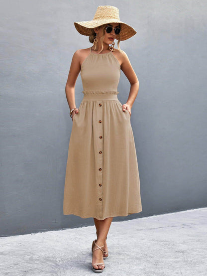 Buttoned Halter Neck Frill Trim Midi Dress for Chic Style - Selvanelle