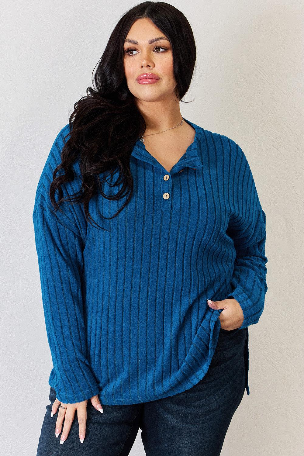 Basic Bae Full Size Ribbed Half Button Long Sleeve T-Shirt