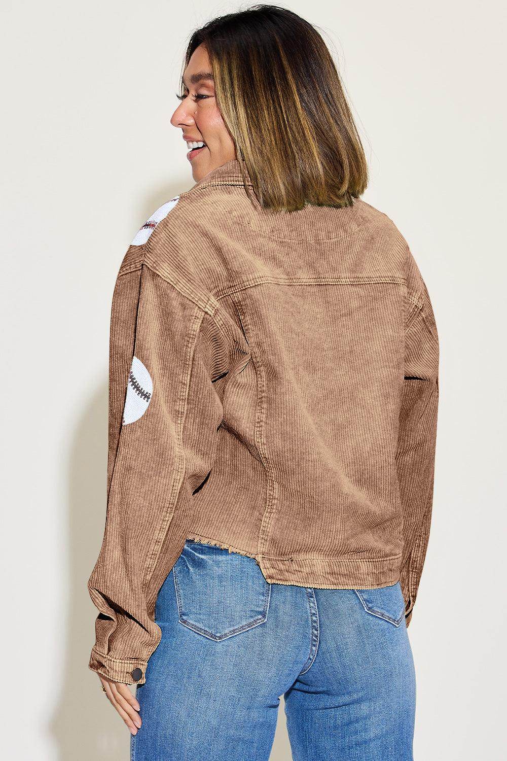 Baseball Sequin Dropped Shoulder Raw Hem Jacket for Women - Selvanelle