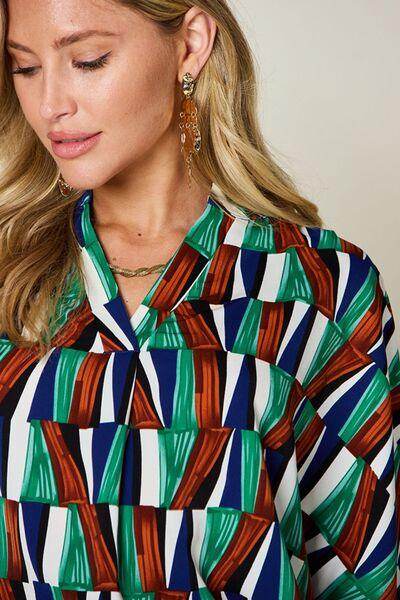 Double Take Full Size Geometric Notched Dolman Sleeve Top - Selvanelle