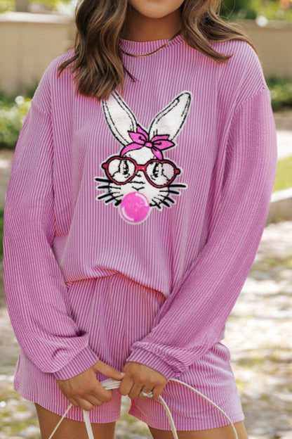 Bubble Gum Rabbit Sequin Corded Rib Top and Shorts Set - Selvanelle