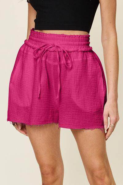 Double Take Full Size Texture Raw Trim Drawstring Shorts - Selvanelle