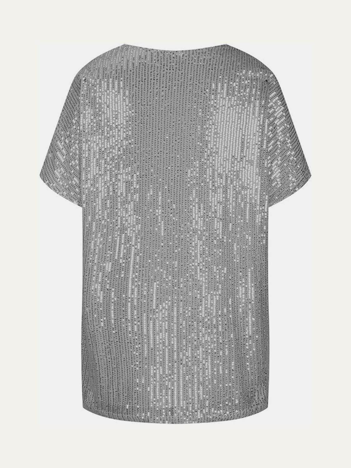 Full Size Sequin V-Neck Short Sleeve Top for Women - Selvanelle