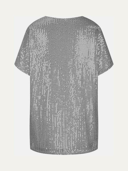 Full Size Sequin V-Neck Short Sleeve Top for Women - Selvanelle