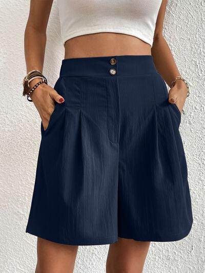 Pocketed Half Elastic Waist Shorts with Side Pockets - Selvanelle