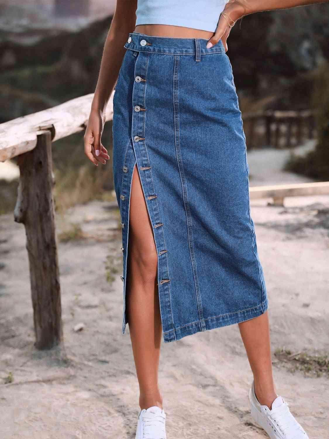Button Down Denim Skirt for Women in Various Sizes - Selvanelle
