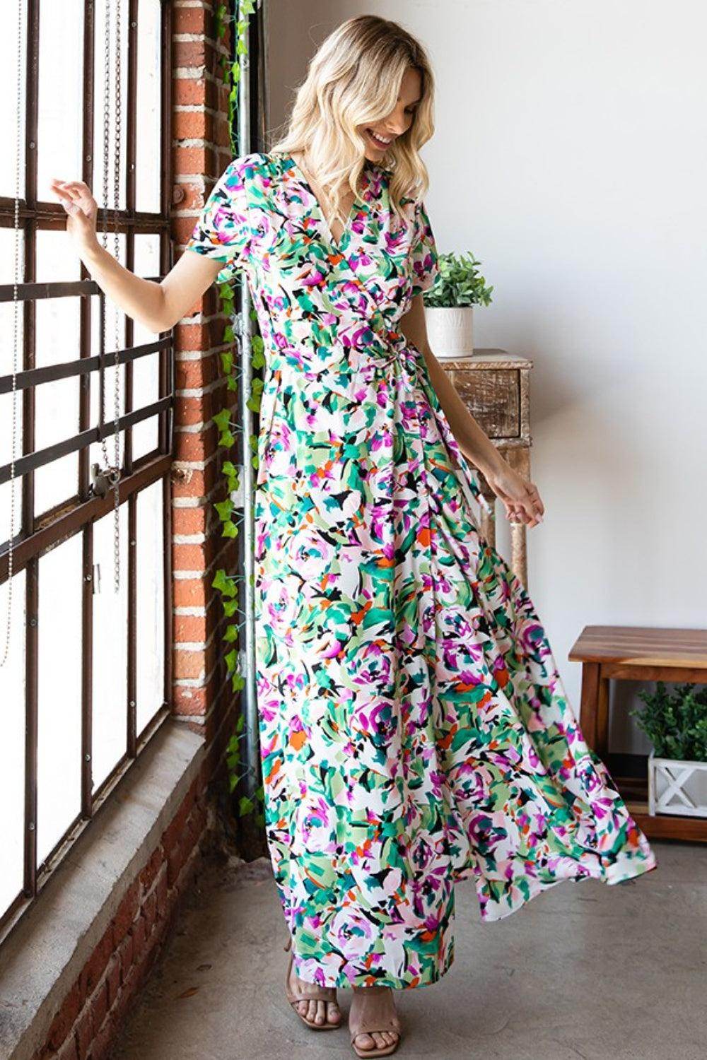 First Love Slit Printed Surplice Tie Waist Dress for Women - Selvanelle