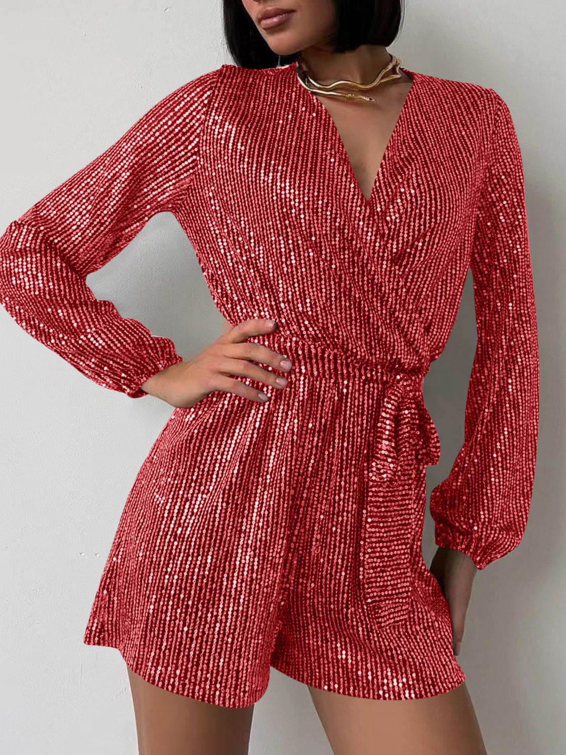 Full Size Sequin Surplice Tie Waist Long Sleeve Romper - Selvanelle