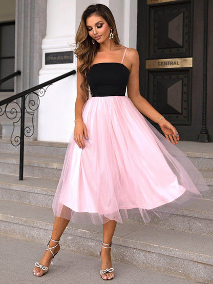 Chic Two-Tone Spaghetti Strap Mesh Dress for Casual Wear - Selvanelle