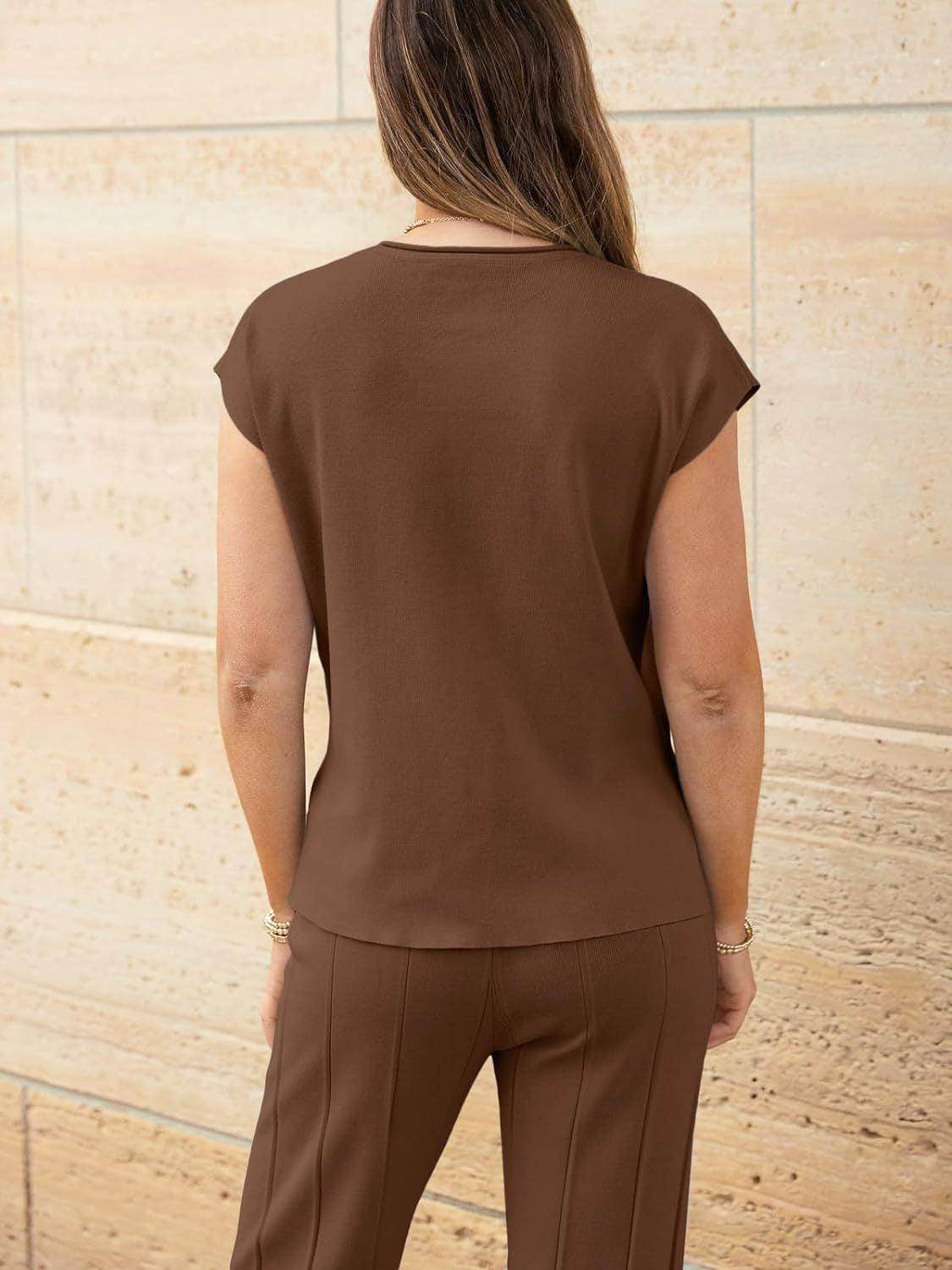 Round Neck Cap Sleeve Top and Pants Knit Set for Women - Selvanelle