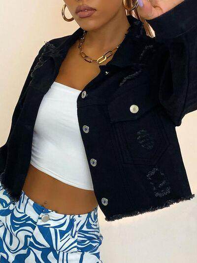 Distressed Collared Neck Long Sleeve Denim Top for Women - Selvanelle