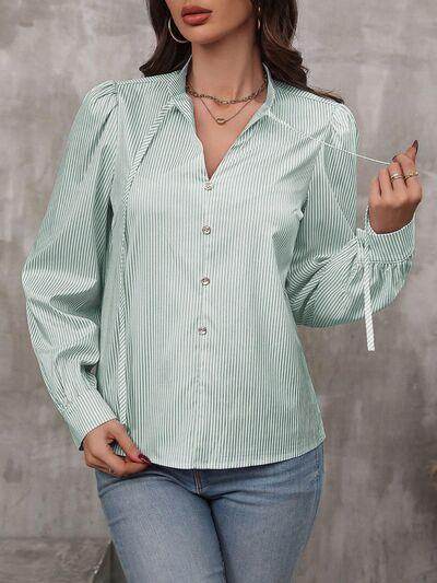 Striped Tie Neck Long Sleeve Shirt for Women Casual Wear - Selvanelle