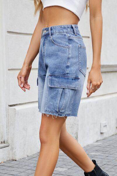 Raw Hem Washed Denim Shorts with Cargo Pockets for Women - Selvanelle