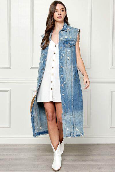 Veveret Full Size Distressed Sleeveless Longline Denim Jacket - Selvanelle