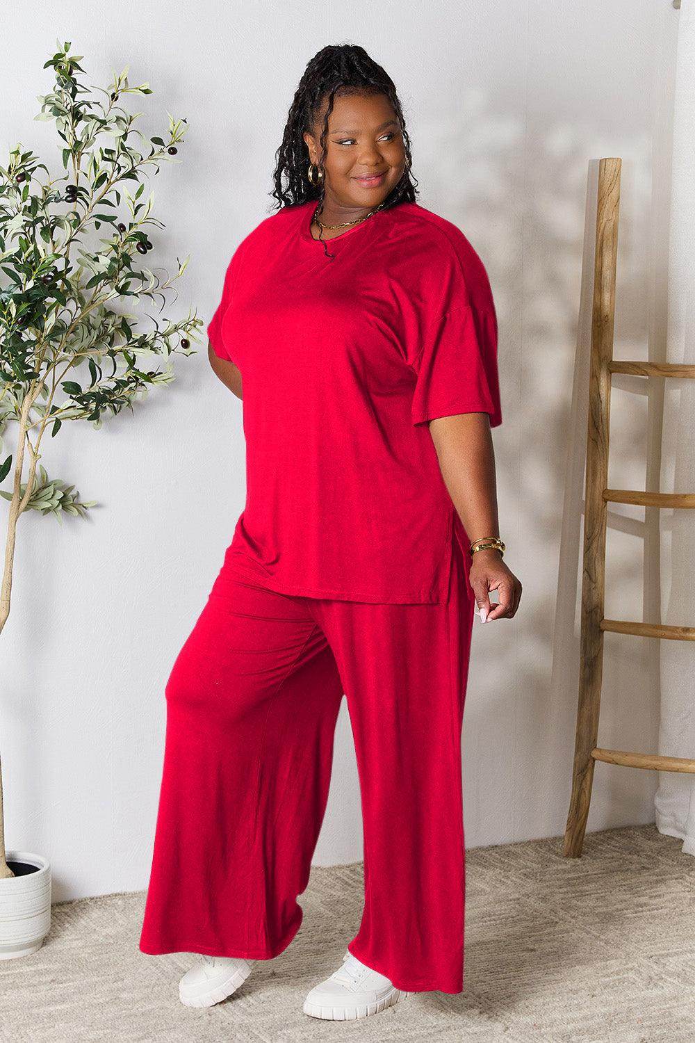 Double Take Full Size Round Neck Slit Top and Pants Set - Selvanelle