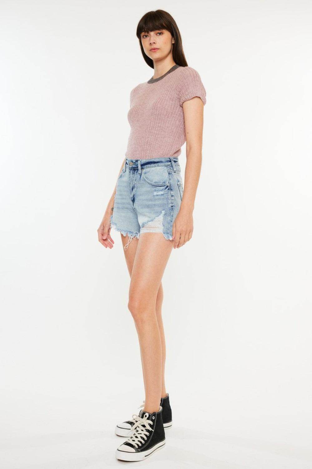 Kancan Distressed High Waist Denim Shorts with Pockets - Selvanelle