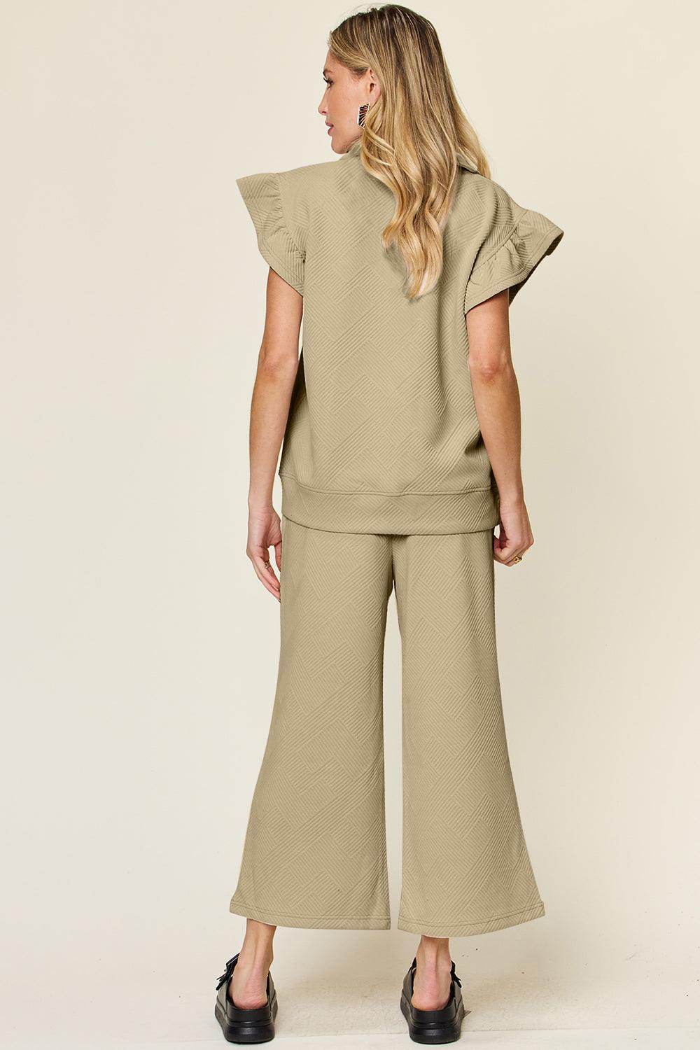 Double Take Texture Ruffle Short Sleeve Top and Pants Set - Selvanelle
