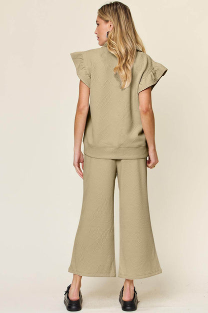 Double Take Texture Ruffle Short Sleeve Top and Pants Set - Selvanelle