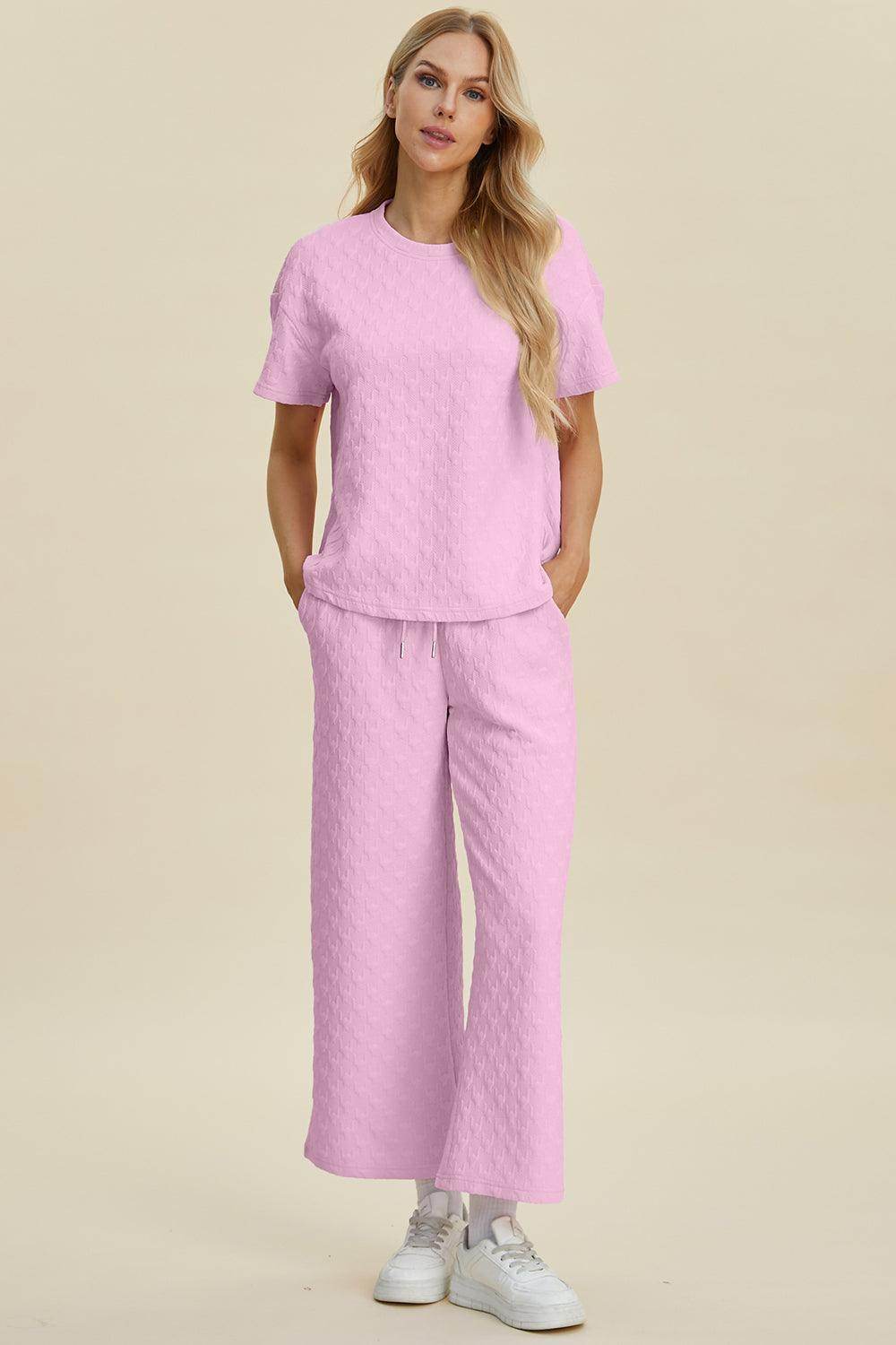 Double Take Full Size Texture Round Neck Top and Pants Set - Selvanelle