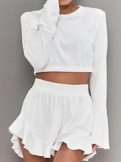 Round Neck Long Sleeve Top and Ruffled Shorts Set for Women - Selvanelle