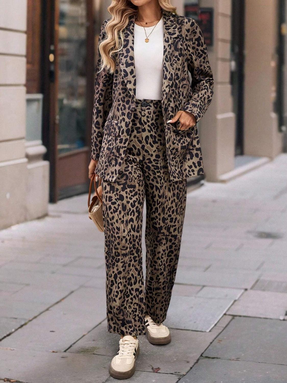 Full Size Leopard Lapel Collar Blazer and Pants Set