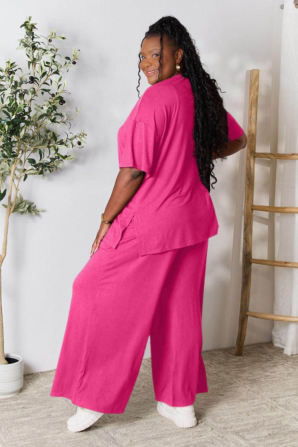 Double Take Full Size Round Neck Slit Top and Pants Set - Selvanelle