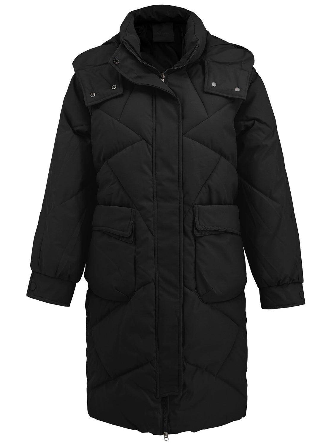 Long Sleeve Longline Hooded Winter Coat with Pockets - Selvanelle