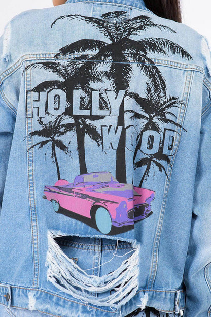 American Bazi Graphic Distressed Long Sleeve Denim Jacket - Selvanelle