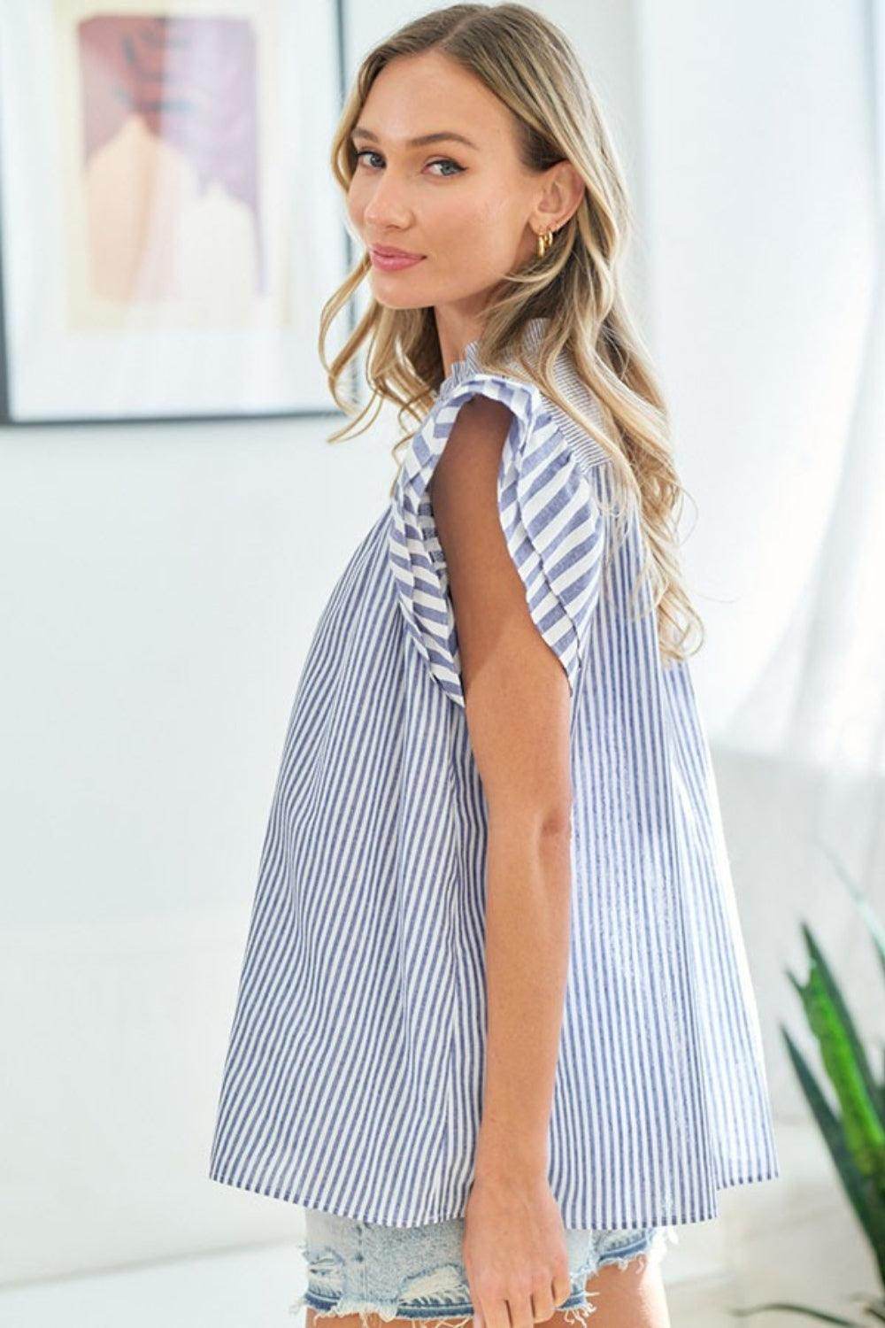 First Love Full Size Striped Flutter Sleeve Blouse for Women - Selvanelle